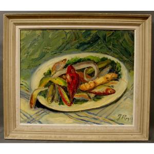 Table Early 20th Still Life Rock Fish J Roque