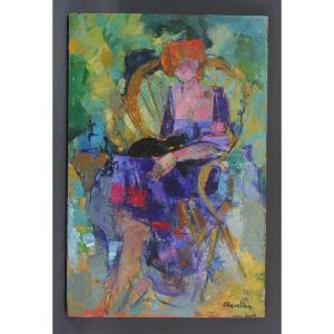 Tableau Philippe Ancellin Femme Assise au chat