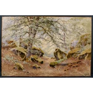 Very Large Watercolor Joseph-clement-maxime Jeannot Gorge Aux Loups Forest Of Fontainebleau