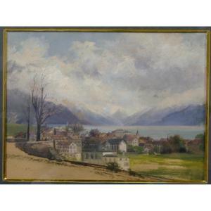 Gouache 1863 Vevey And Leman Switzerland