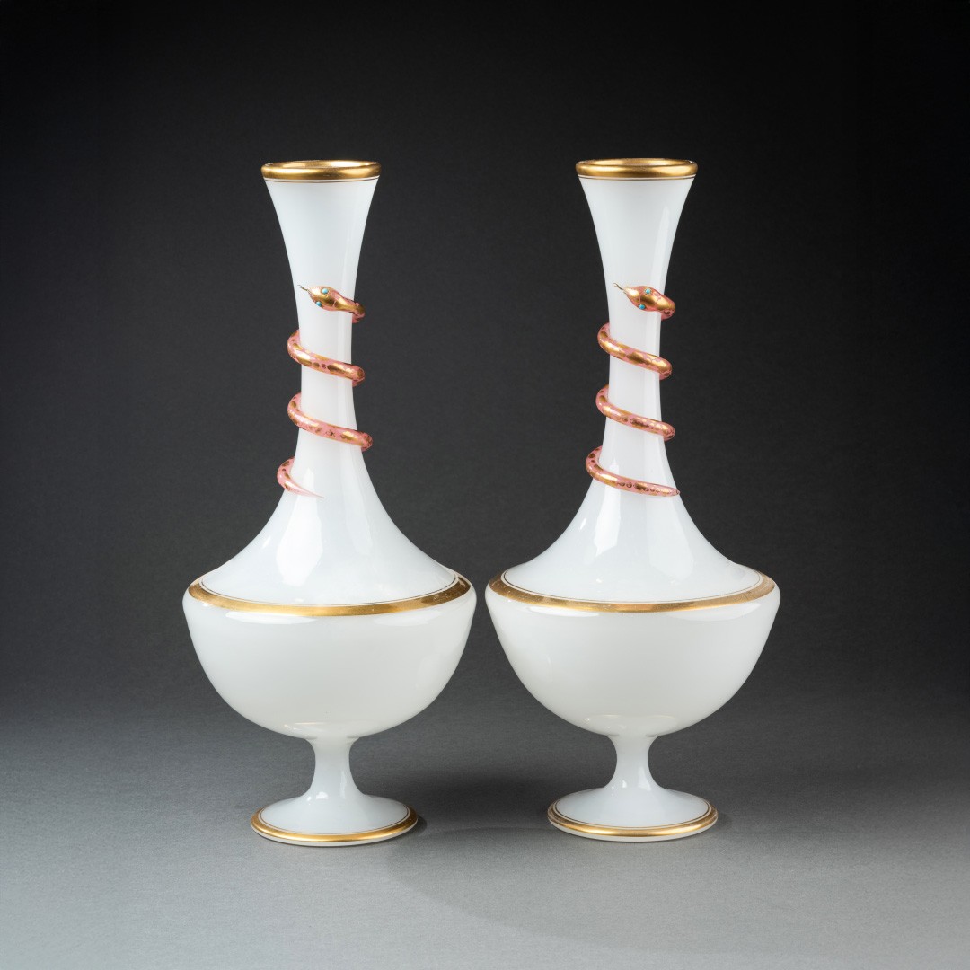 Pair Of Baccarat White Opaline Vases With Gilded Serpents