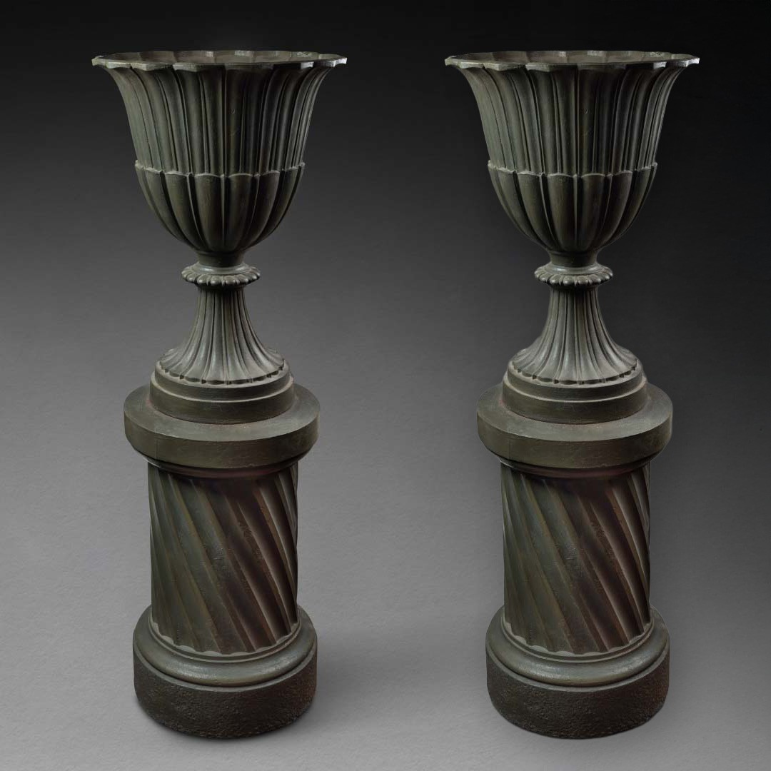 Pair Of Cast Iron Medici Vases On Their Art Deco Columns