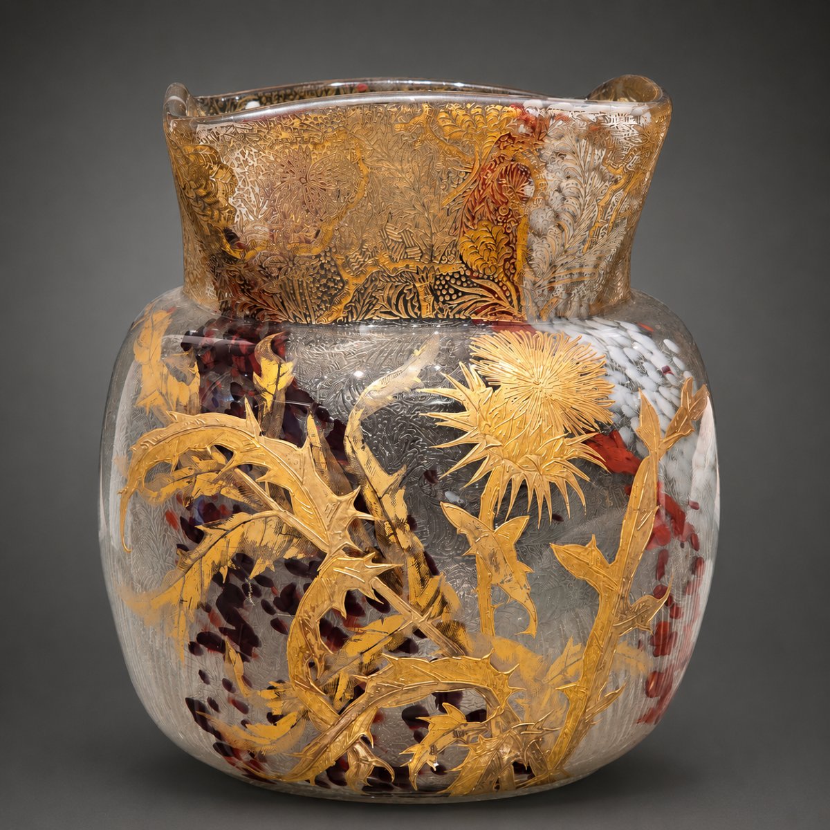 Vase Art Nouveau aux chardons, verre soufflé, or et inclusions polychromes — attribué à Montjoy-photo-2