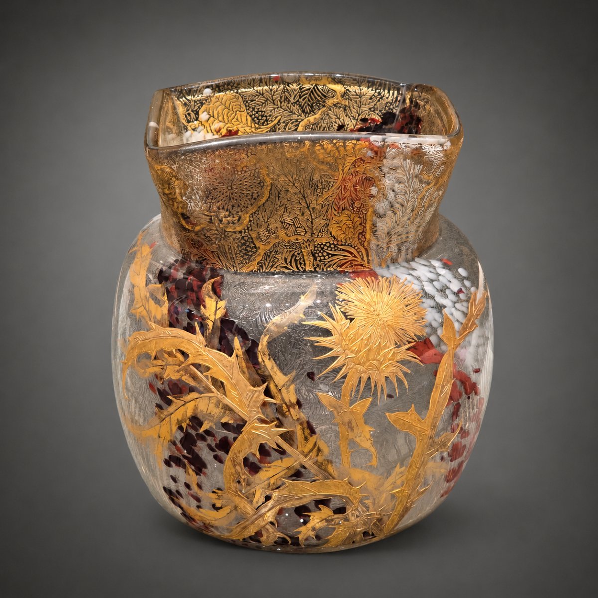 Vase Art Nouveau aux chardons, verre soufflé, or et inclusions polychromes — attribué à Montjoy-photo-3
