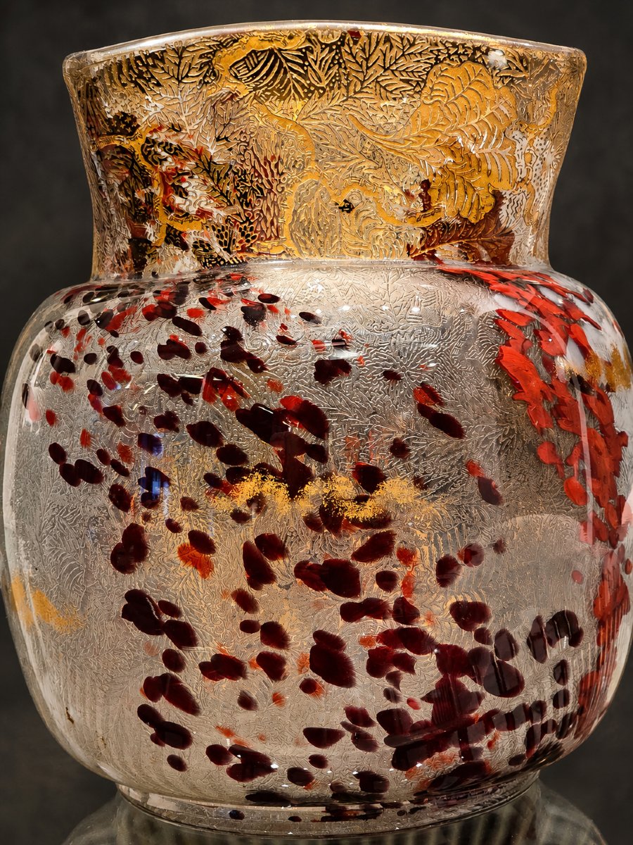 Vase Art Nouveau aux chardons, verre soufflé, or et inclusions polychromes — attribué à Montjoy-photo-1