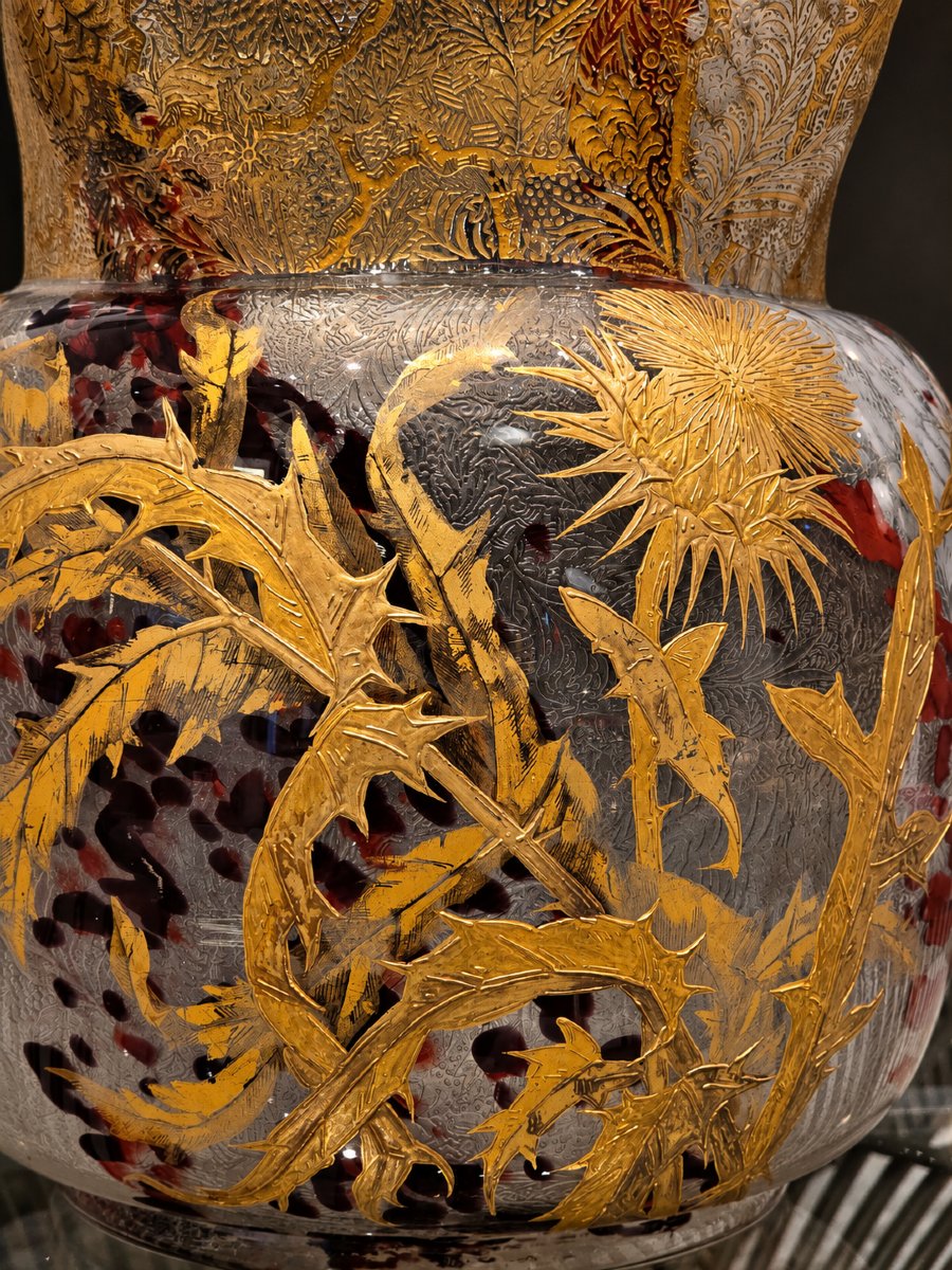 Vase Art Nouveau aux chardons, verre soufflé, or et inclusions polychromes — attribué à Montjoy-photo-3