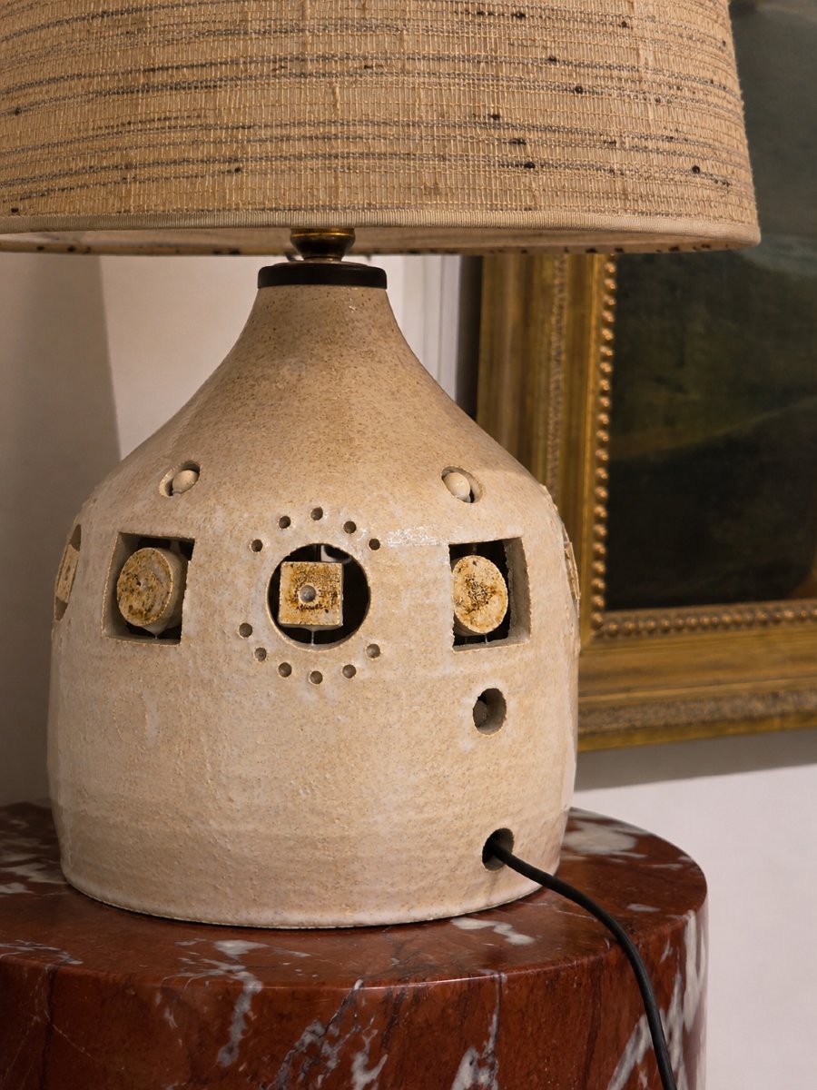Georges Pelletier — Openwork Glazed Ceramic Lamp, Original Lampshade-photo-2