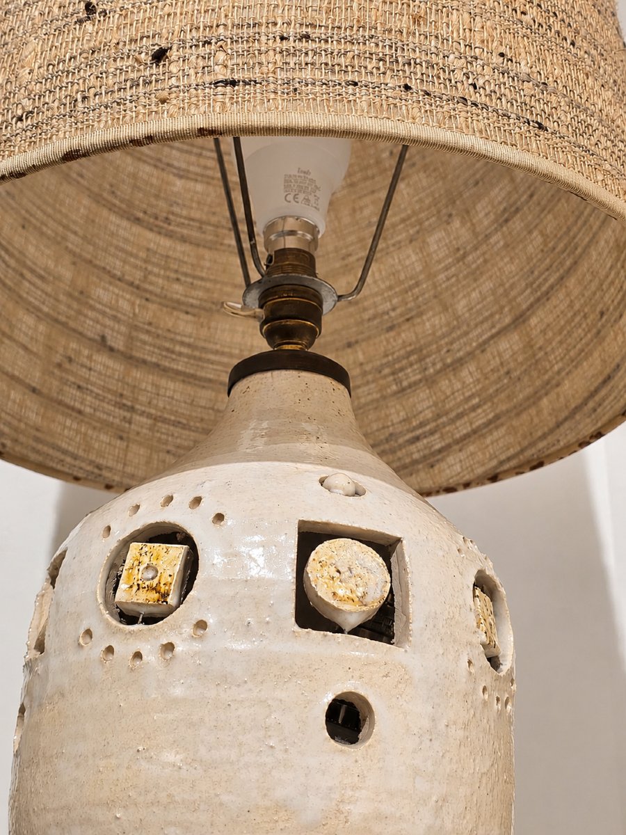 Georges Pelletier — Openwork Glazed Ceramic Lamp, Original Lampshade-photo-4