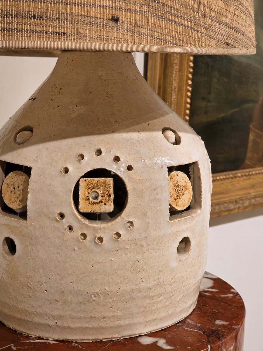 Georges Pelletier — Openwork Glazed Ceramic Lamp, Original Lampshade-photo-1