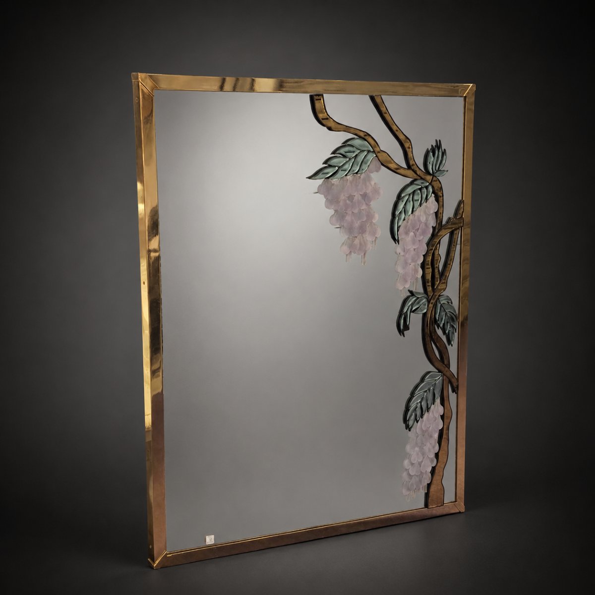 Grand miroir Murano à décor de glycine en verre appliqué, monture en laiton, signé, circa 1980-photo-2