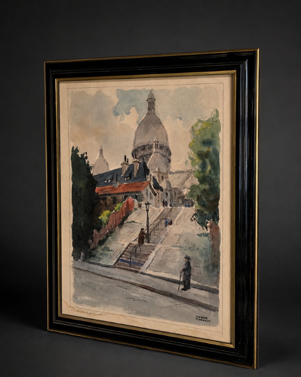 Pierre Thibault, aquarelle, Montmartre, les escaliers de la rue Lamarck et le Sacré-Cœur,-photo-2