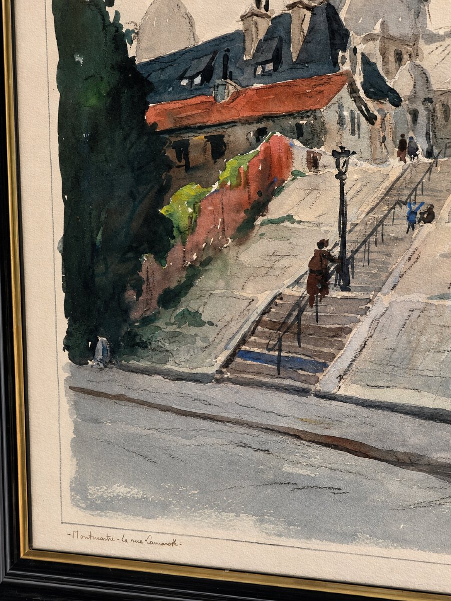 Pierre Thibault, aquarelle, Montmartre, les escaliers de la rue Lamarck et le Sacré-Cœur,-photo-3