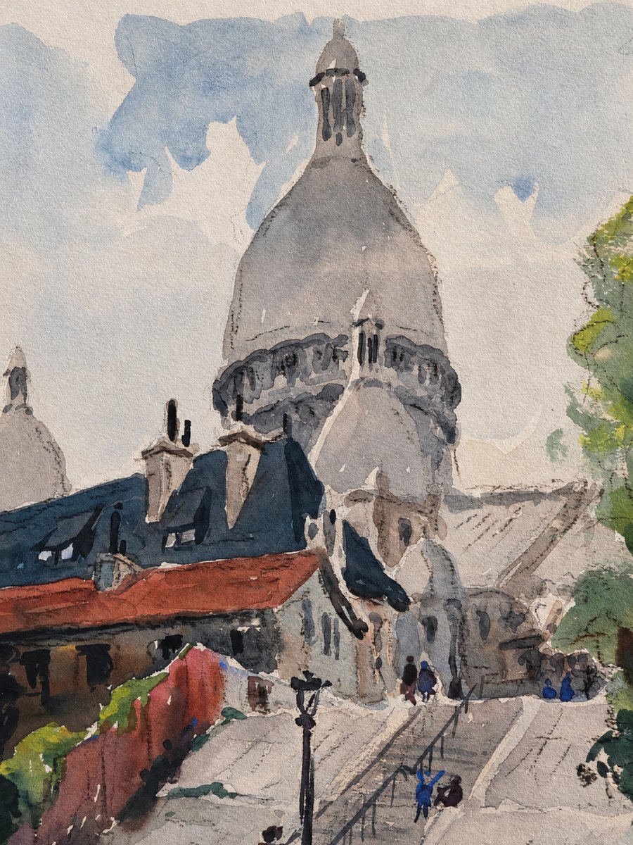 Pierre Thibault, aquarelle, Montmartre, les escaliers de la rue Lamarck et le Sacré-Cœur,-photo-1