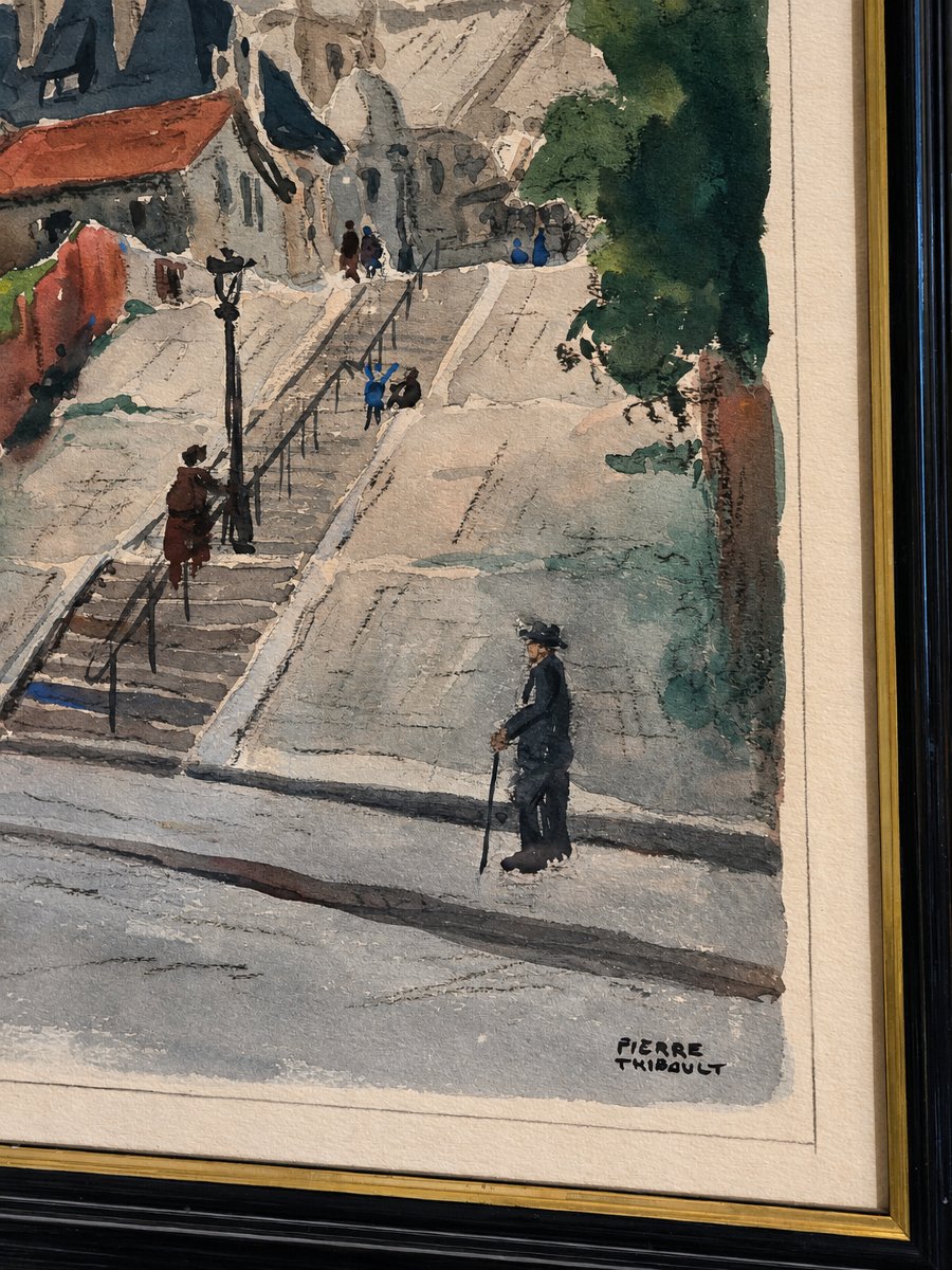 Pierre Thibault, aquarelle, Montmartre, les escaliers de la rue Lamarck et le Sacré-Cœur,-photo-2