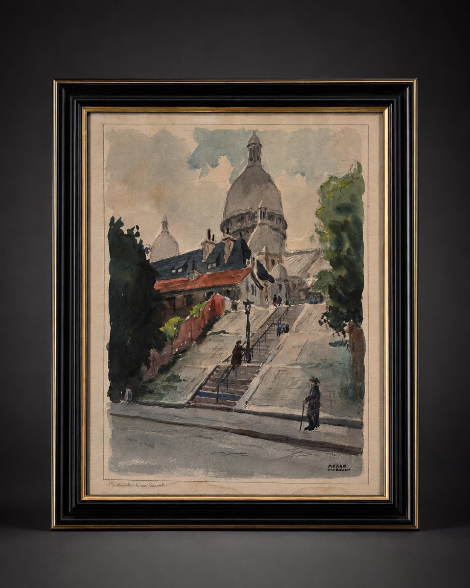 Pierre Thibault, aquarelle, Montmartre, les escaliers de la rue Lamarck et le Sacré-Cœur,