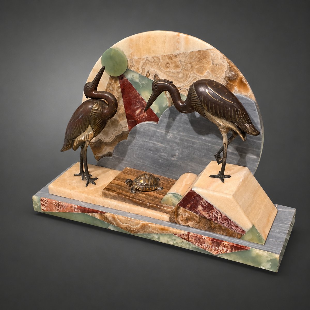 Art Deco Sculpture Featuring Two Wading Birds And A Turtle, Marble And Onyx, Circa 1930-photo-2