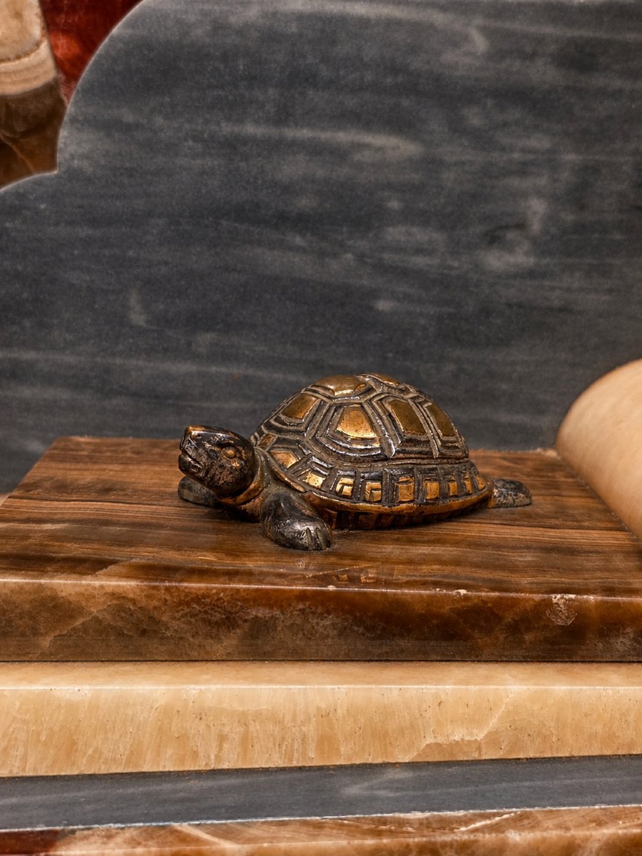 Art Deco Sculpture Featuring Two Wading Birds And A Turtle, Marble And Onyx, Circa 1930-photo-4