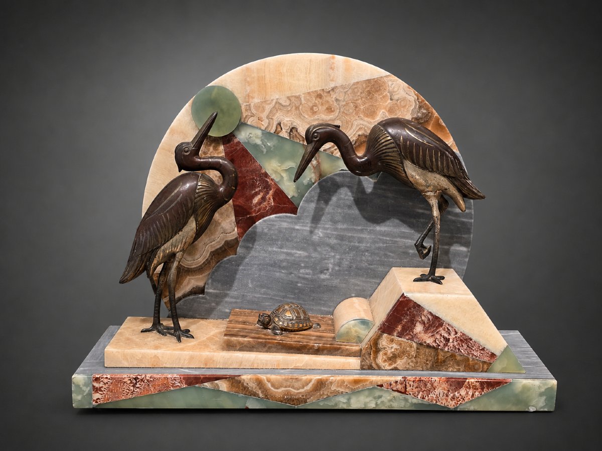 Art Deco Sculpture Featuring Two Wading Birds And A Turtle, Marble And Onyx, Circa 1930
