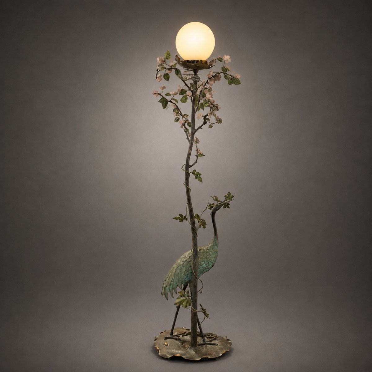 Lampadaire Art Nouveau en bronze à la grue et au lézard-photo-2