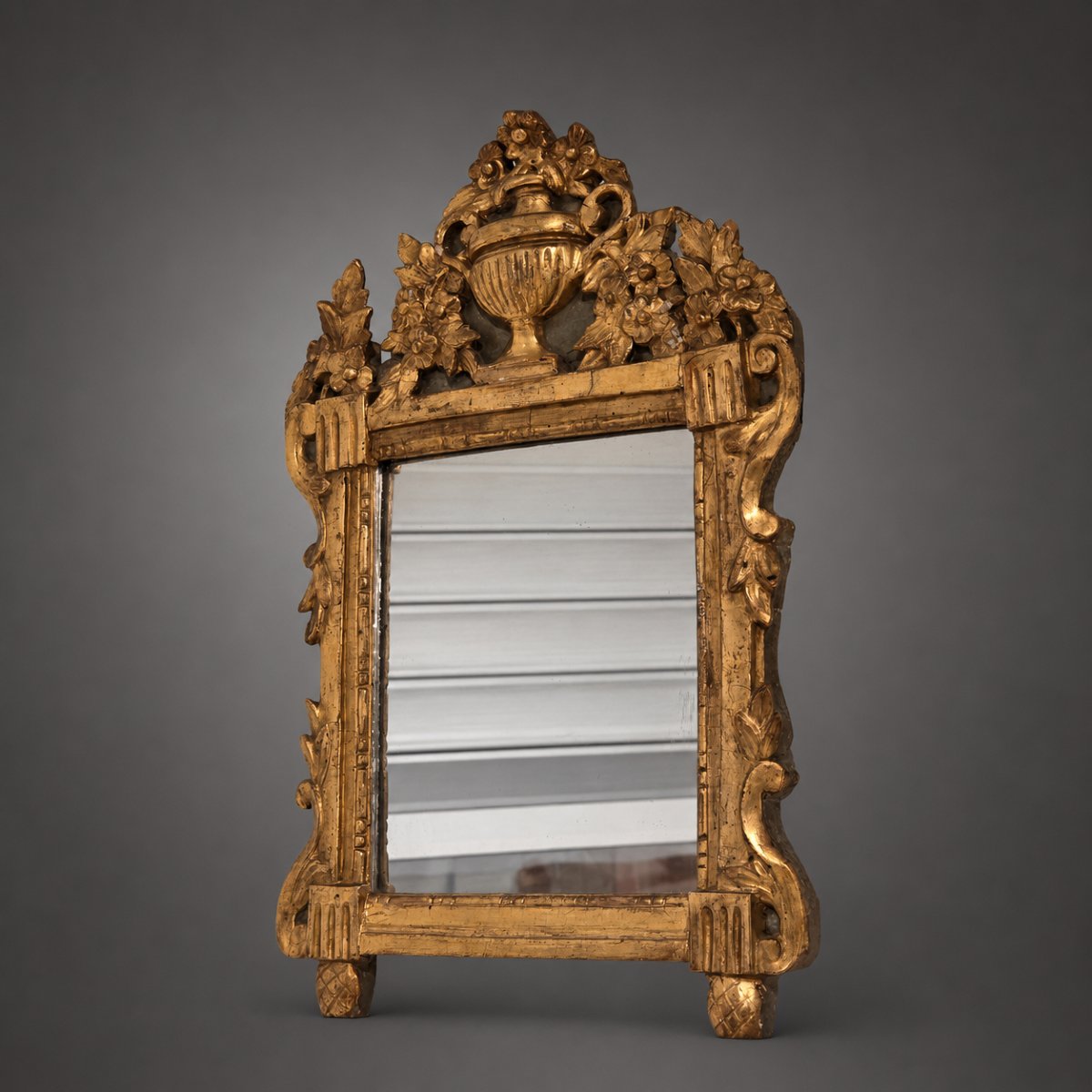 Provençal Mirror With A Carved And Gilded Wooden Pediment, Featuring A Vase Of Flowers, Louis XVI Period-photo-2
