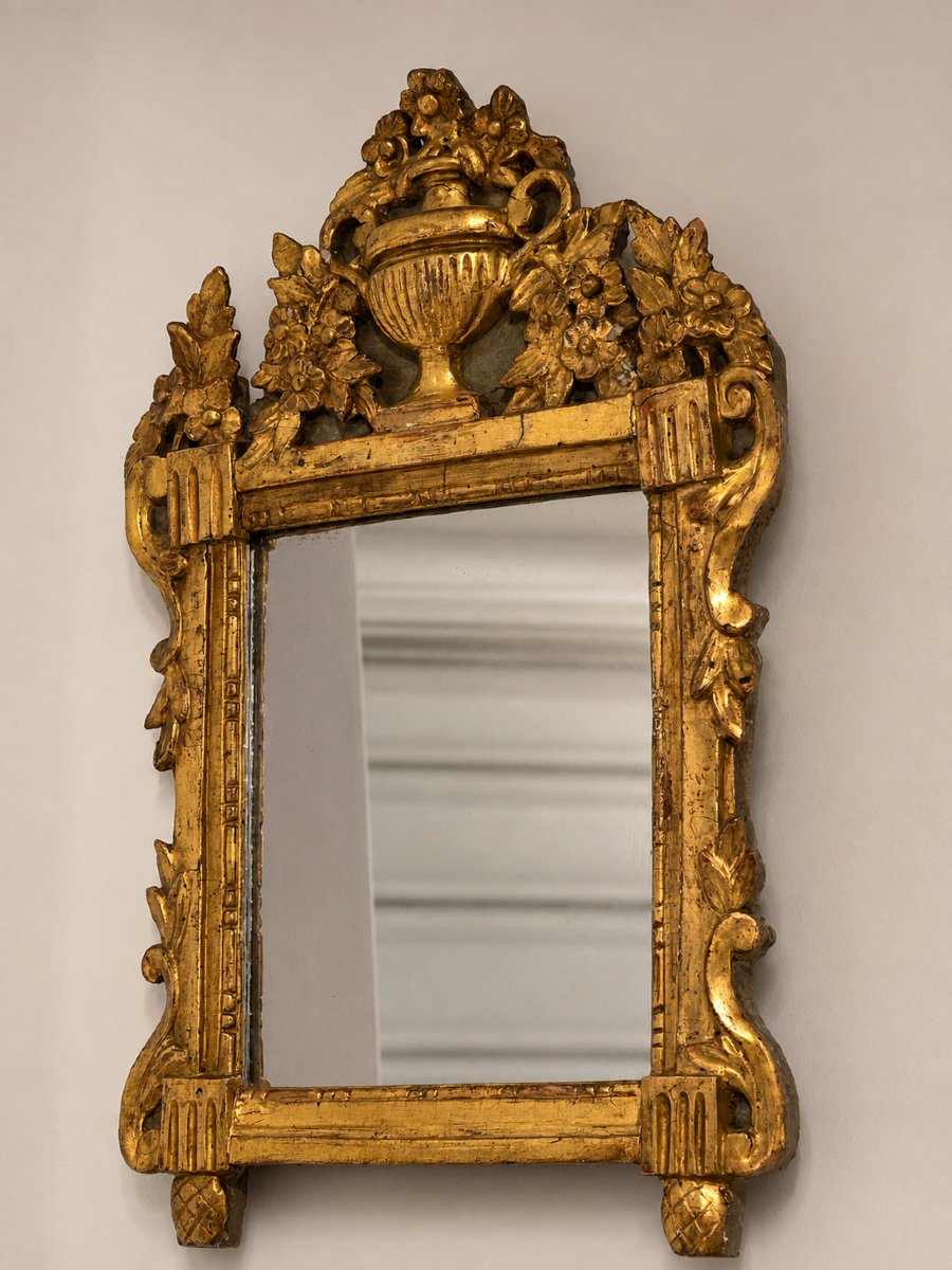 Provençal Mirror With A Carved And Gilded Wooden Pediment, Featuring A Vase Of Flowers, Louis XVI Period-photo-3