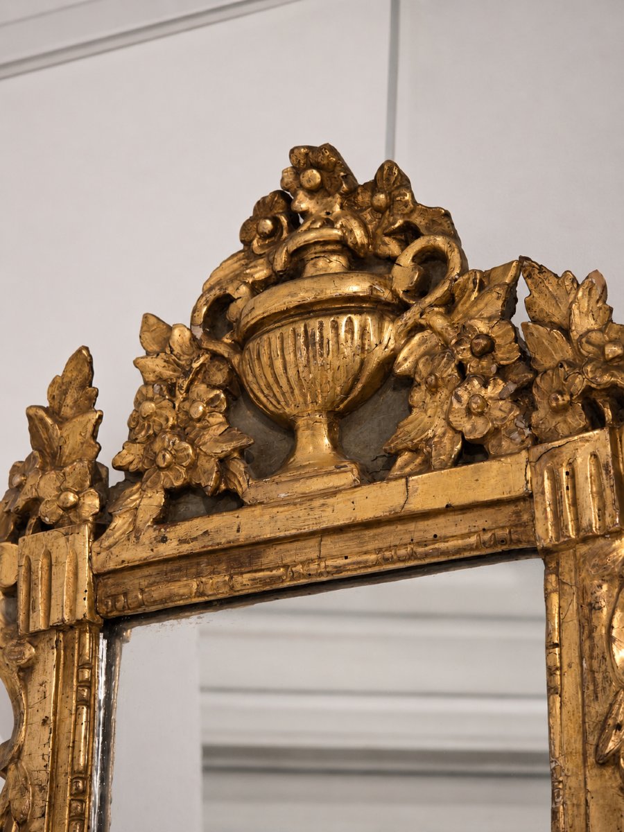 Provençal Mirror With A Carved And Gilded Wooden Pediment, Featuring A Vase Of Flowers, Louis XVI Period-photo-4