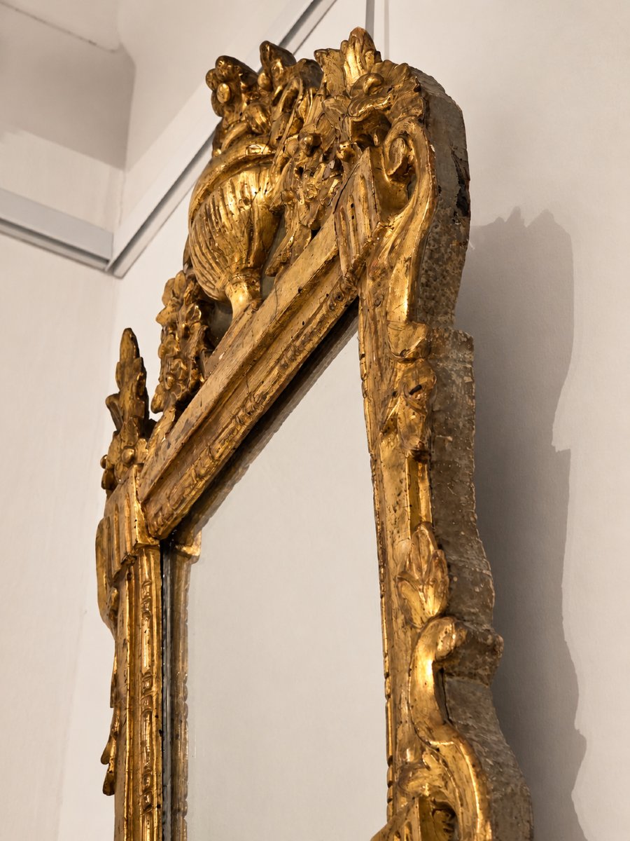 Provençal Mirror With A Carved And Gilded Wooden Pediment, Featuring A Vase Of Flowers, Louis XVI Period-photo-1