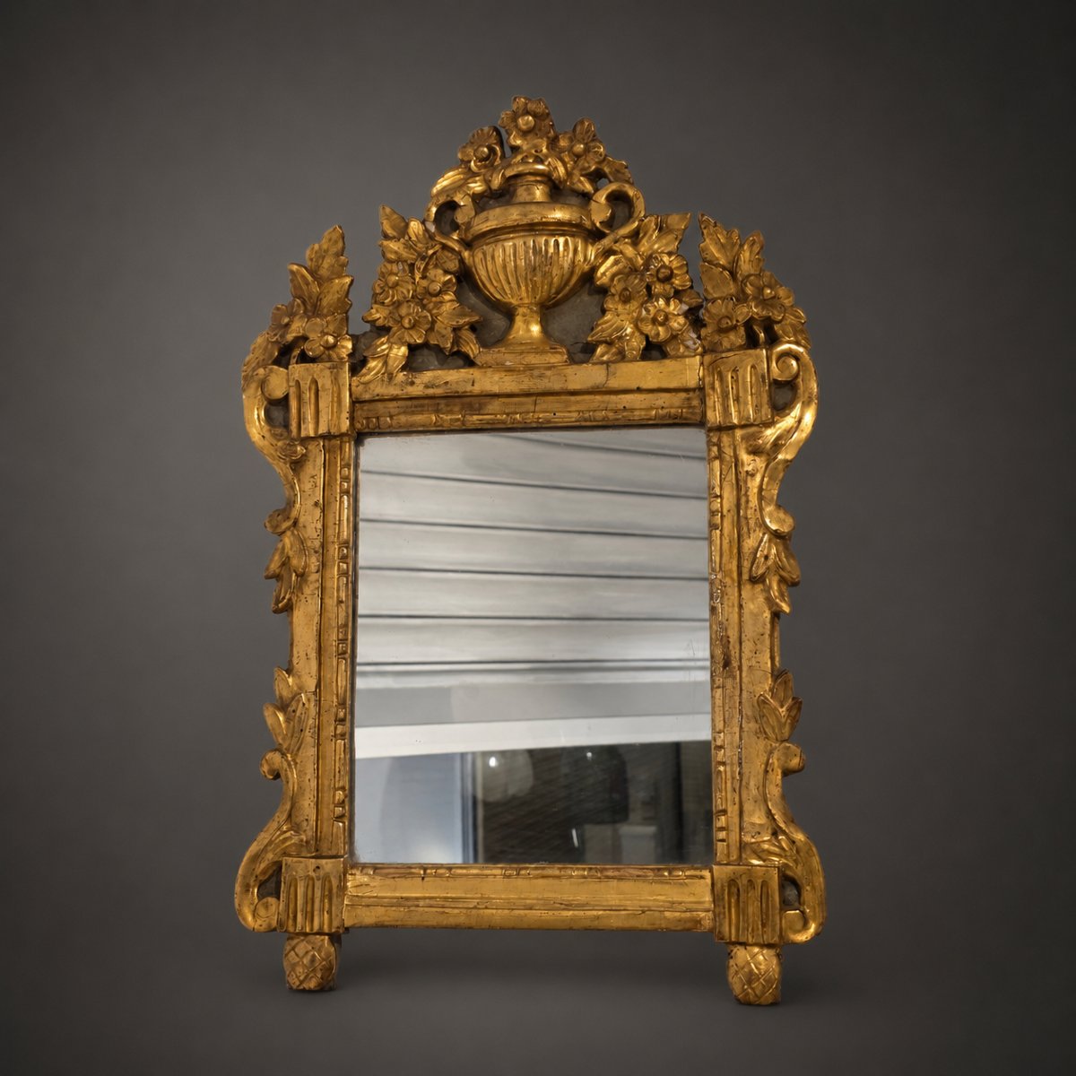 Provençal Mirror With A Carved And Gilded Wooden Pediment, Featuring A Vase Of Flowers, Louis XVI Period
