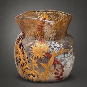 Vase Art Nouveau aux chardons, verre soufflé, or et inclusions polychromes — attribué à Montjoy