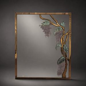 Grand miroir Murano à décor de glycine en verre appliqué, monture en laiton, signé, circa 1980