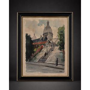 Pierre Thibault, aquarelle, Montmartre, les escaliers de la rue Lamarck et le Sacré-Cœur,
