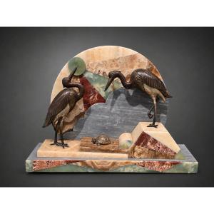 Sculpture Art Déco aux deux échassiers et à la tortue, marbres et onyx, circa 1930