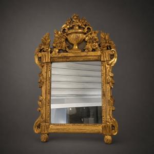 Provençal Mirror With A Carved And Gilded Wooden Pediment, Featuring A Vase Of Flowers, Louis XVI Period