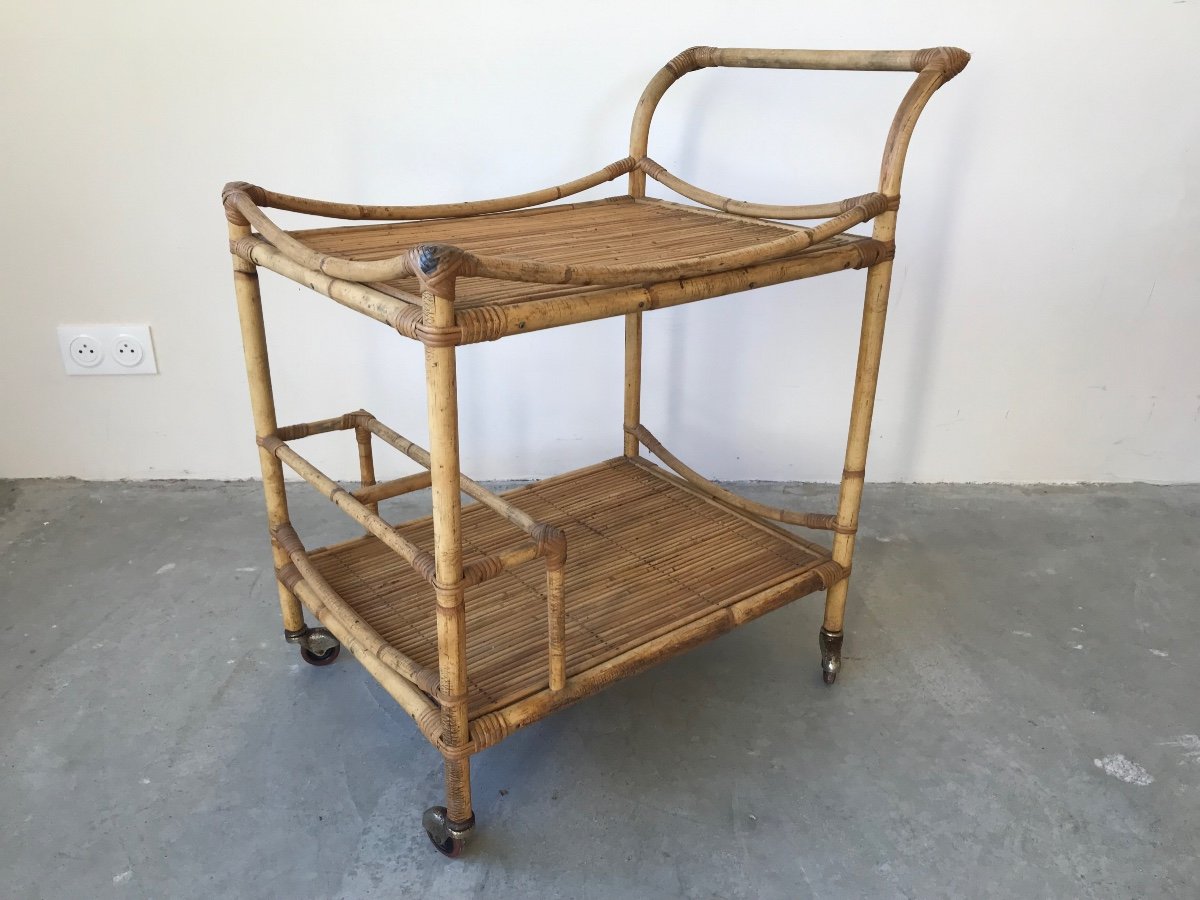 Rolling Table Or Rattan Service, Circa 1950.-photo-3