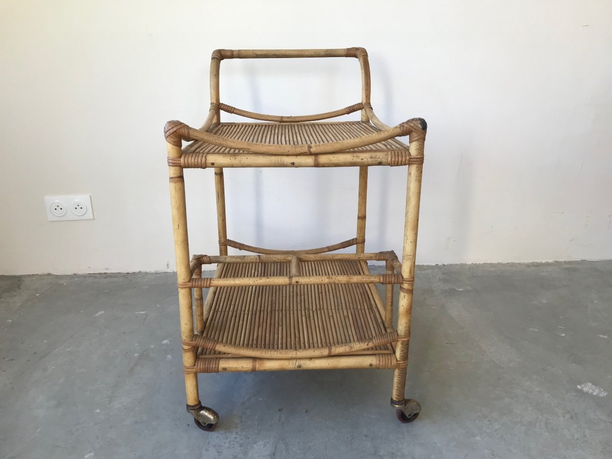 Rolling Table Or Rattan Service, Circa 1950.-photo-4