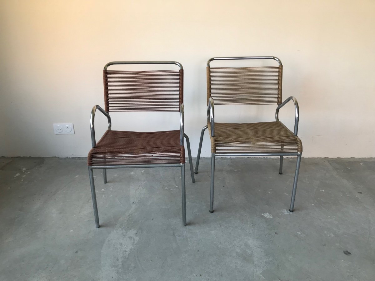 Suite de 2 fauteuils et 3 chaises scoubidou corde, vers 1960.-photo-2
