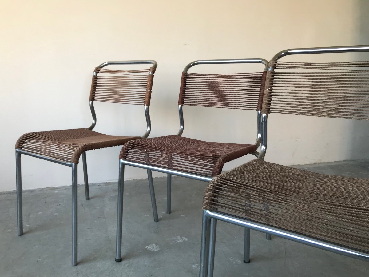 Suite de 2 fauteuils et 3 chaises scoubidou corde, vers 1960.-photo-3