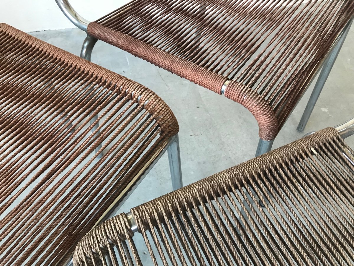 Suite de 2 fauteuils et 3 chaises scoubidou corde, vers 1960.-photo-4