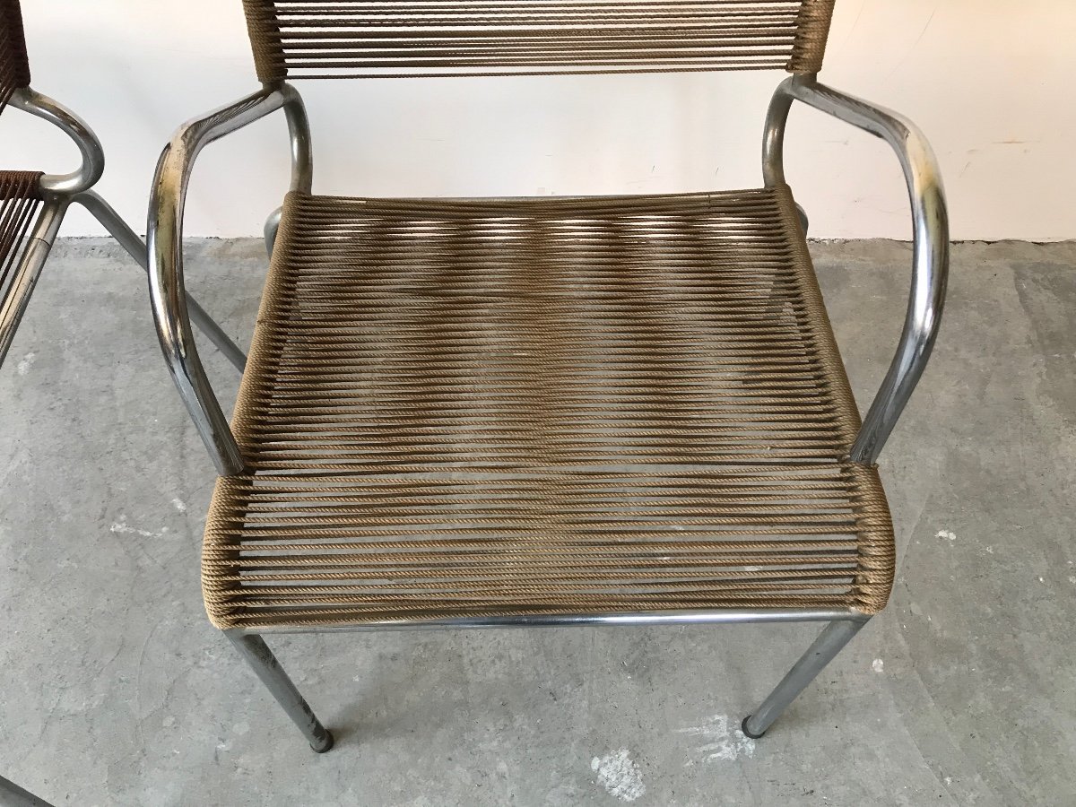 Suite de 2 fauteuils et 3 chaises scoubidou corde, vers 1960.-photo-2