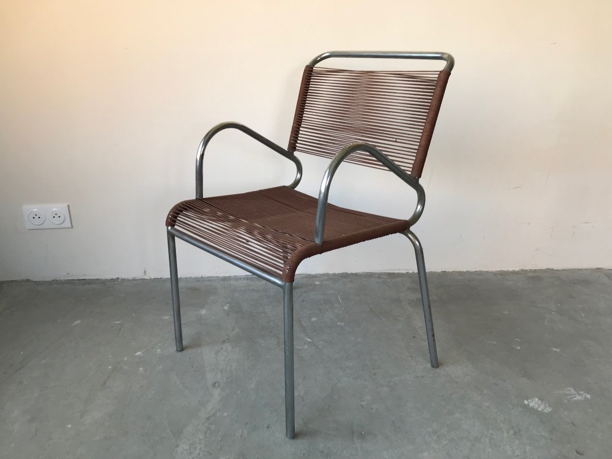 Suite de 2 fauteuils et 3 chaises scoubidou corde, vers 1960.-photo-4