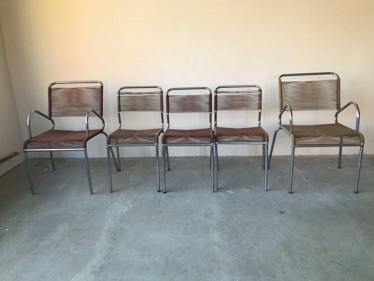 Suite de 2 fauteuils et 3 chaises scoubidou corde, vers 1960.