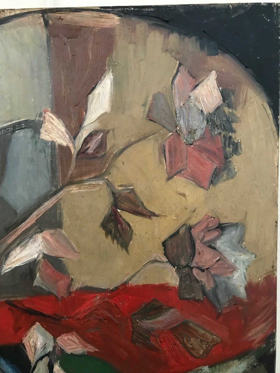 Bouquet Of Flowers, Oil On Canvas, Mid 20th Century.-photo-4