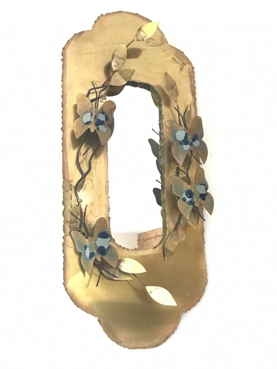 Brass Mirror In The Style Of Jacques Duval Brasseur Decorated With Butterflies, Circa 1970-photo-2