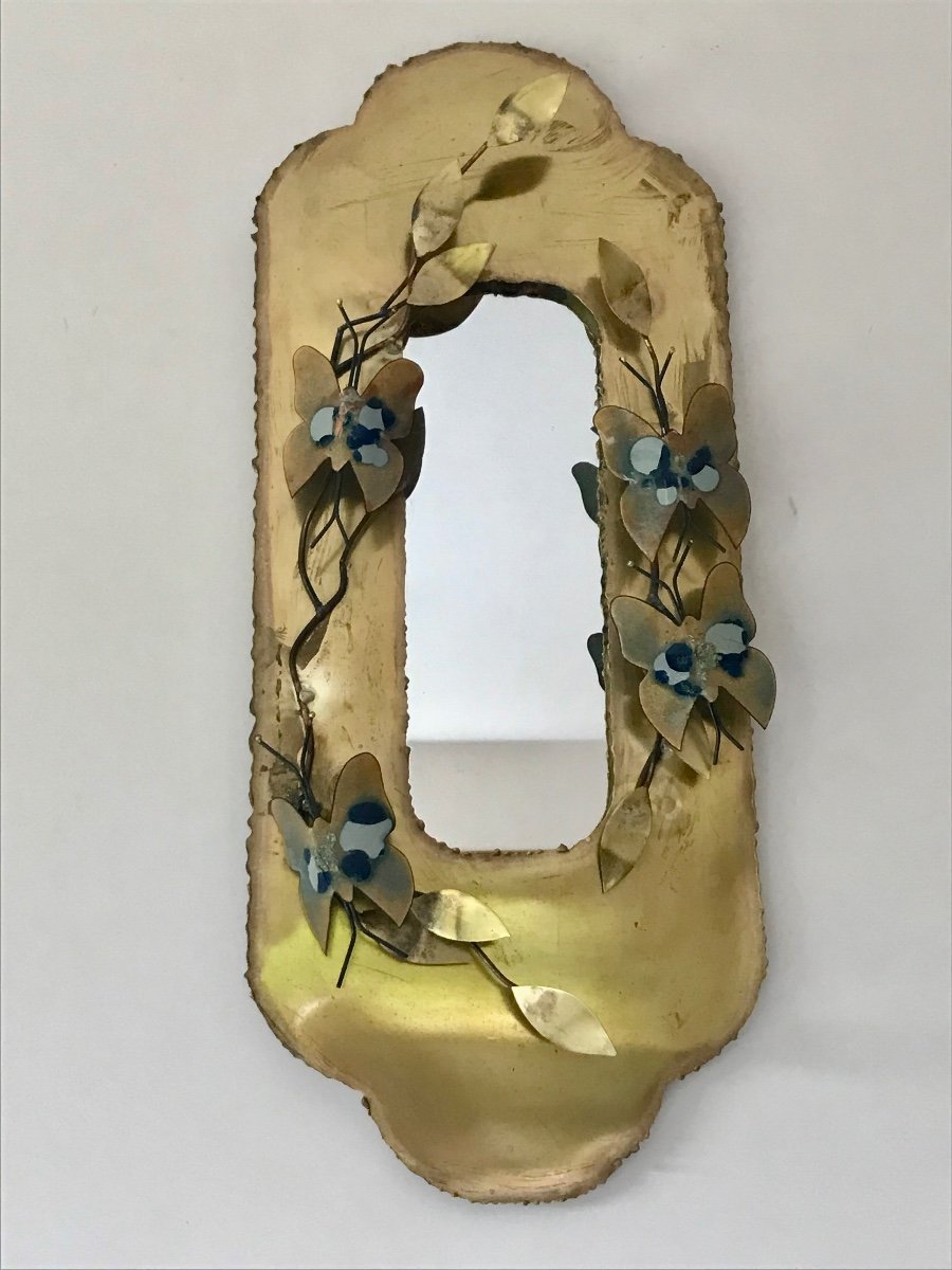Brass Mirror In The Style Of Jacques Duval Brasseur Decorated With Butterflies, Circa 1970-photo-3