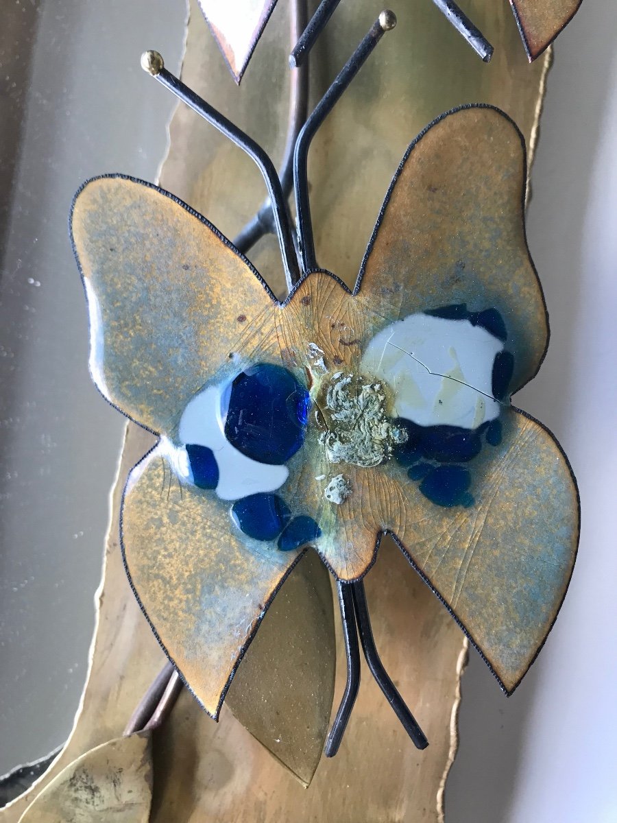 Brass Mirror In The Style Of Jacques Duval Brasseur Decorated With Butterflies, Circa 1970-photo-2