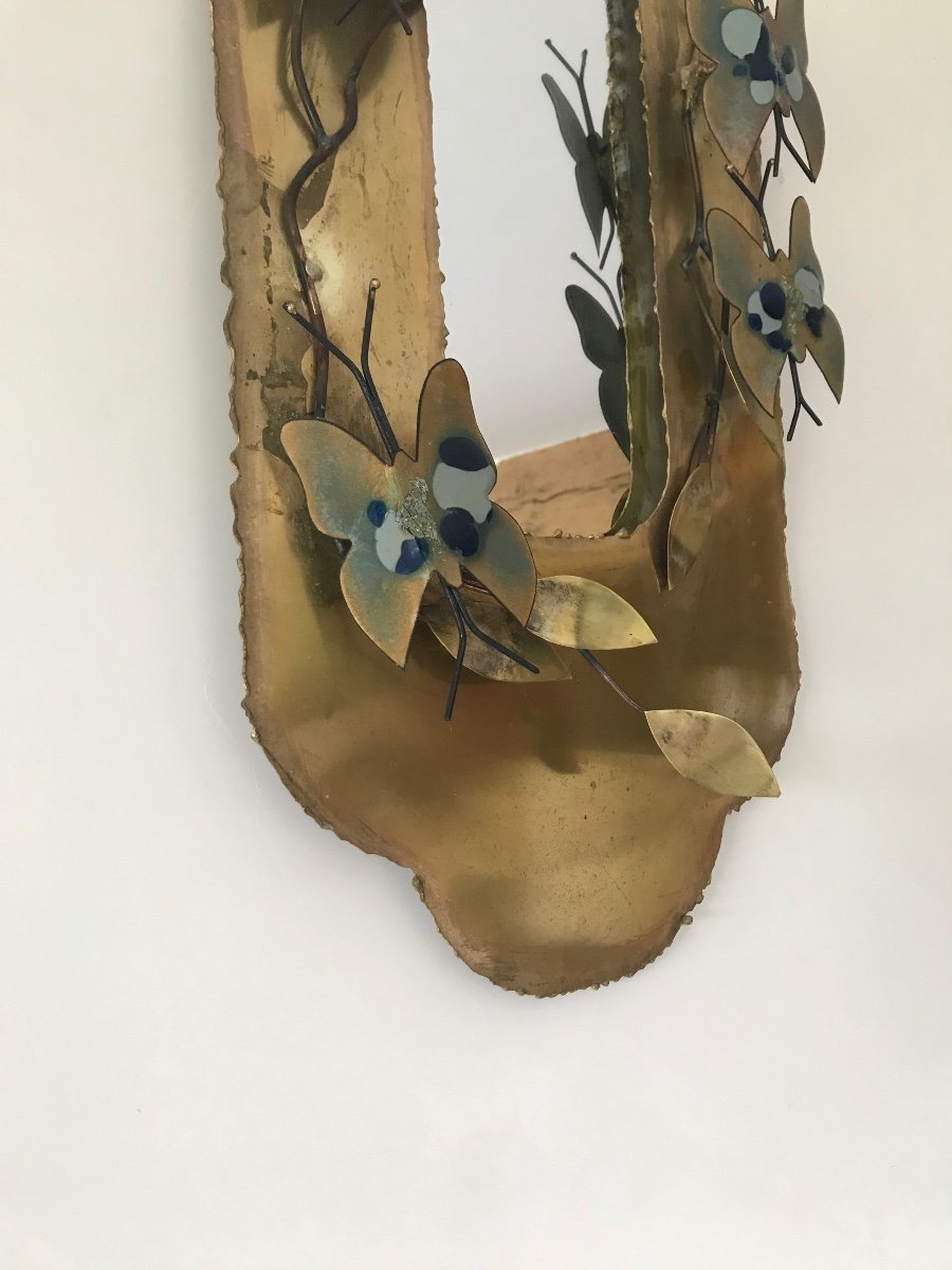 Brass Mirror In The Style Of Jacques Duval Brasseur Decorated With Butterflies, Circa 1970-photo-5