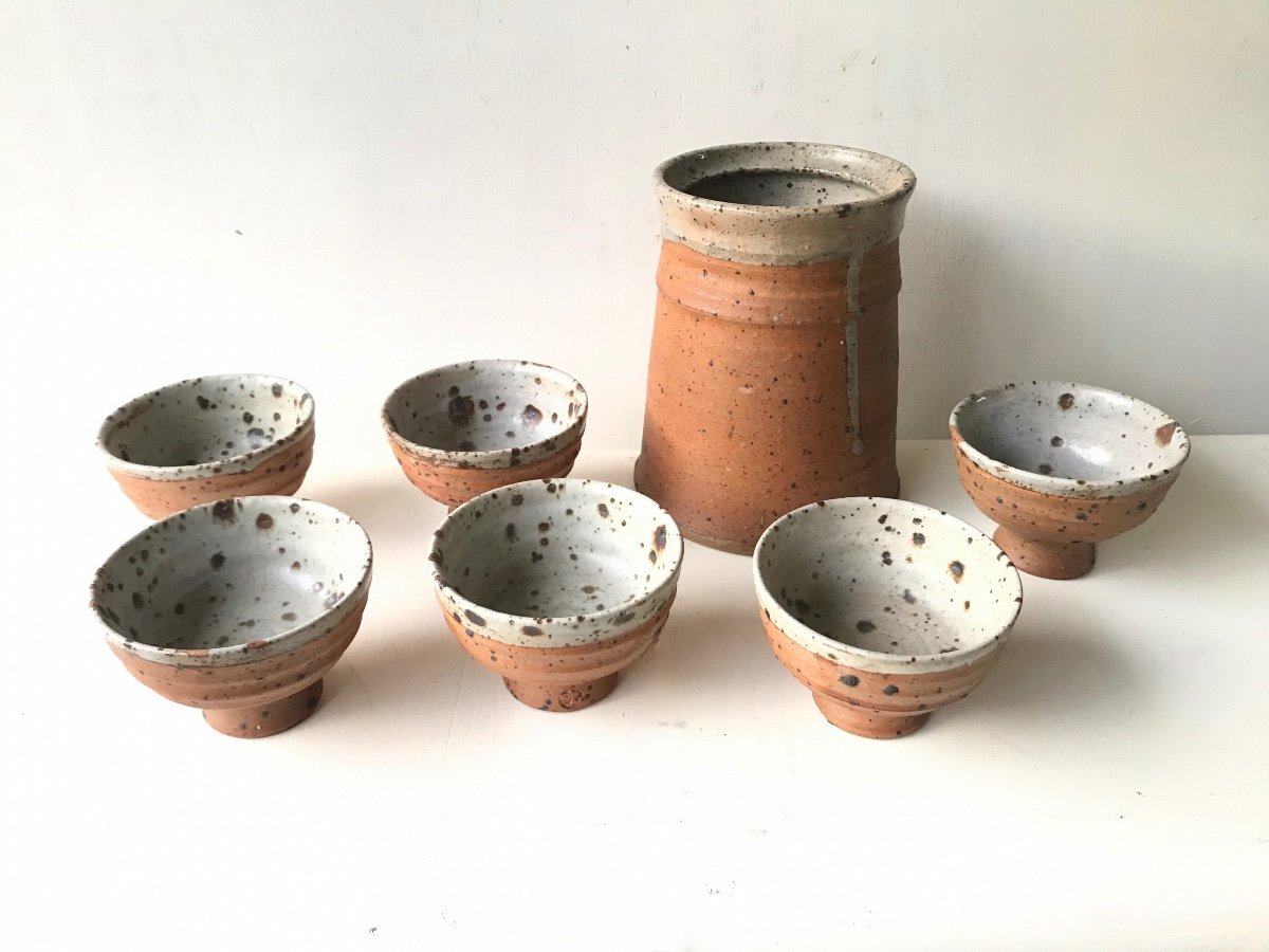Pot Service With 6 Cups In Pyrite Stoneware By Gustave Tiffoche, La Borne.-photo-2