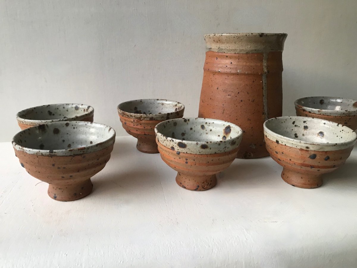 Pot Service With 6 Cups In Pyrite Stoneware By Gustave Tiffoche, La Borne.-photo-4