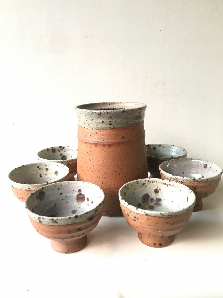 Pot Service With 6 Cups In Pyrite Stoneware By Gustave Tiffoche, La Borne.-photo-7