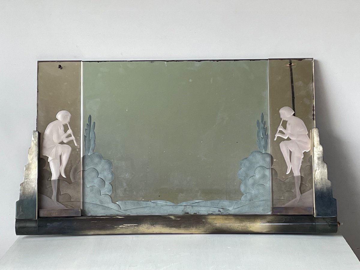 Illuminated Art-deco Mirror Decorated With Flute Players, Circa 1940.-photo-2